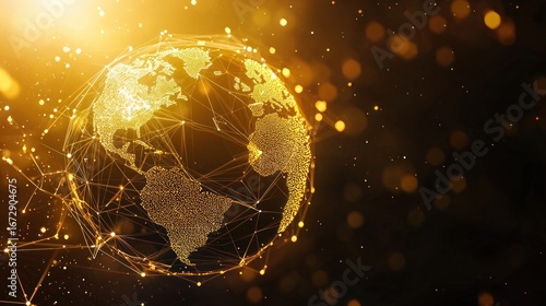 Fototapeta Naklejka Na Ścianę i Meble -  Abstract golden planet earth. World map. Space view. Low poly style design. Geometric background. Wireframe light connection sphere structure. Modern 3d graphic concept