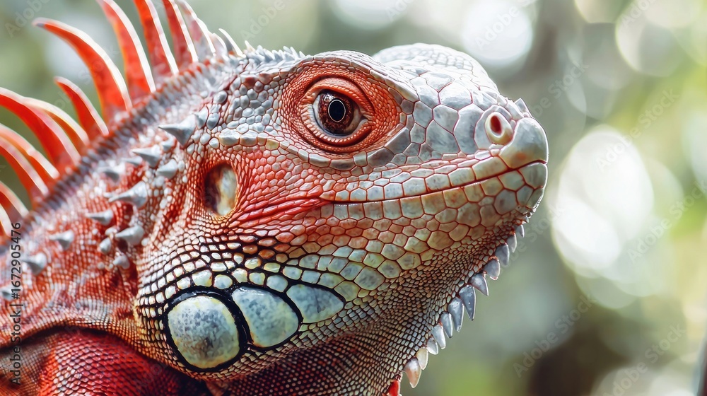 Fototapeta premium Red iguana head and spikes, closeup head of iguana, animal closeup