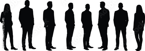 Group of diverse business people silhouettes standing, male and female figures, professional attire, teamwork, corporate, isolated on white background