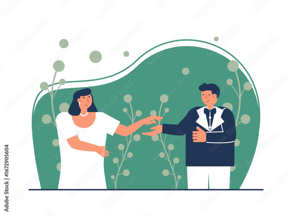 Fototapeta premium Romantic couple characters at wedding photo. Wedding illustration. Flat vector illustration.