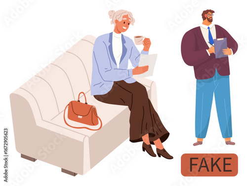 Woman on couch reading papers, bag beside her. Man holding clipboard, labeled fake. Ideal for fraud awareness, deception concepts, workplace tips, warning signs, critical thinking scams