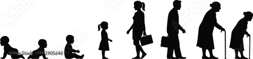 Human life cycle silhouette, baby crawling, child growing, adult working, old age with cane, aging process, family generation concept