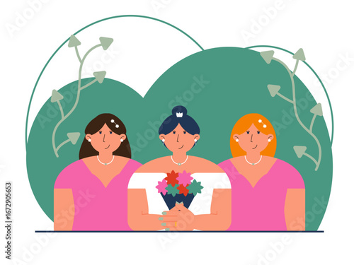Happy bride with bridesmaids enters the wedding venue elegantly. Wedding illustration. Flat vector illustration.