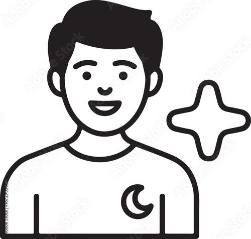 Man with crescent moon symbol and sparkle icon representing good sleep
