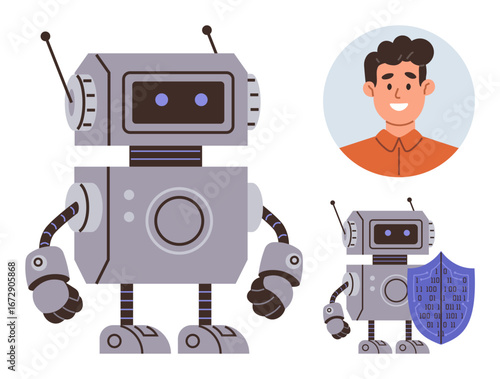Friendly robot, security shield with binary code, and smiling male avatar. Ideal for cybersecurity, AI, teamwork, digital safety, technology innovation communication. Simple flat metaphor