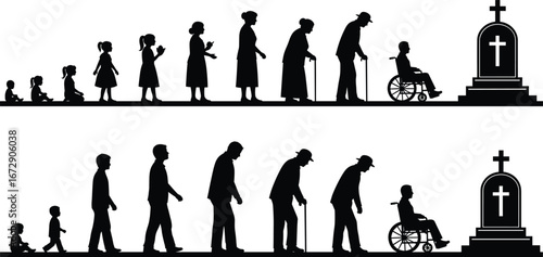 Human life cycle silhouette, childhood to elderly, aging process stages, male and female evolution, death and grave concept, vector illustration