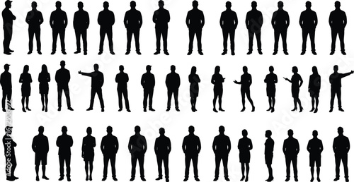 Large Group of Diverse Male and Female Silhouettes Standing in Various Poses, Business and Casual People, Isolated on White Background