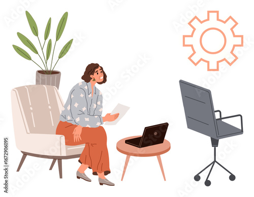 Woman reading papers seated on a cozy chair near a coffee table with a laptop, an office chair, plant, and gear symbol. Ideal for teamwork, productivity, planning, analysis, strategy design simple
