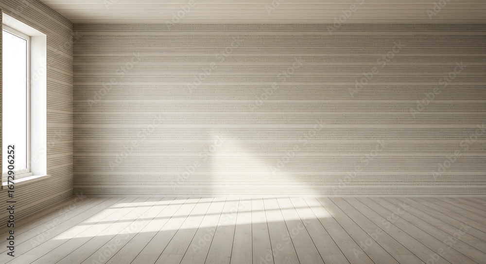 Obraz premium Empty square room with Horizontal linen rope yarn stripe texture. Long string strap patterns on wall
