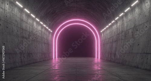 Fototapeta Naklejka Na Ścianę i Meble -  Empty tunnel with neon pink arches