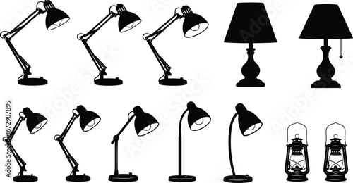 Silhouette collection of desk lamps, table lamps, and lanterns, modern and vintage lighting design, home decor, office illumination vector