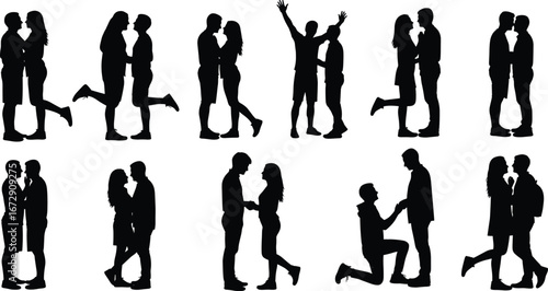 Silhouette couples in love, romantic poses, man and woman together, relationship concept, dating illustration, people shadow, lifestyle vector design