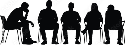 Silhouette group of people sitting on chairs, teamwork, discussion, meeting, business communication, waiting room, community, office, vector illustration