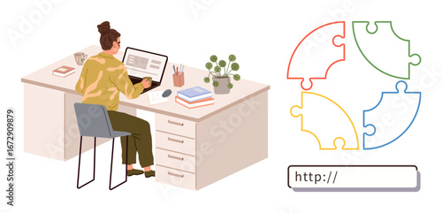 Woman focused on laptop at tidy desk with books, coffee, plants. Puzzle and browser bar suggest teamwork, organization, technology. Ideal for productivity, collaboration, planning learning