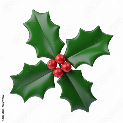 Green holly leaves with red berries, glossy 3D design, isolated on white background, symbolizing traditional Christmas decoration and holiday spirit.