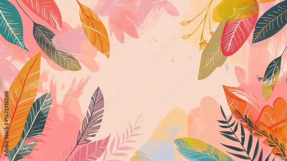 Fototapeta premium Simple Flat Printing Background: Soft Pink Feather with Colorful Flower & Isolated Bird Illustration