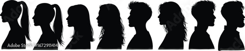 Silhouette head profiles, men and women hairstyle collection, black shadow side view, fashion haircut, human face illustration, vector design portrait