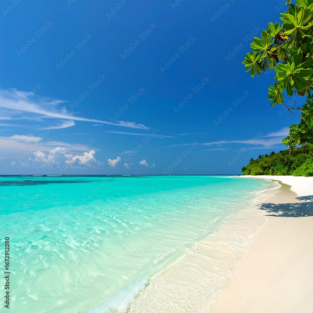 Fototapeta premium Idyllic tropical beach scene; white sand, turquoise water, lush greenery