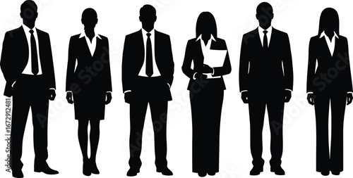 Silhouette of business people standing, corporate team, professional workers, office staff in formal suits, teamwork concept, leadership and success illustration
