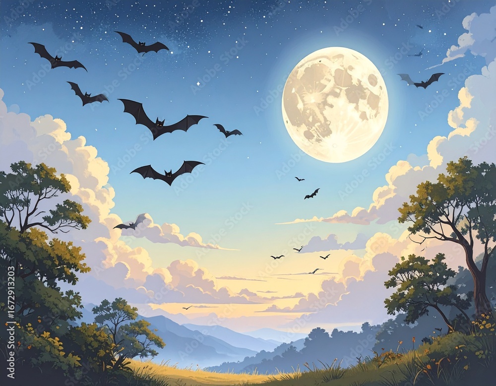 Fototapeta premium Bats fly silhouetted against a large, bright moon and a tranquil landscape at twilight.