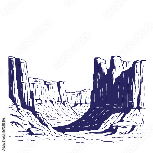 Hand drawn illustration of a dramatic canyon landscape in a striking vector style