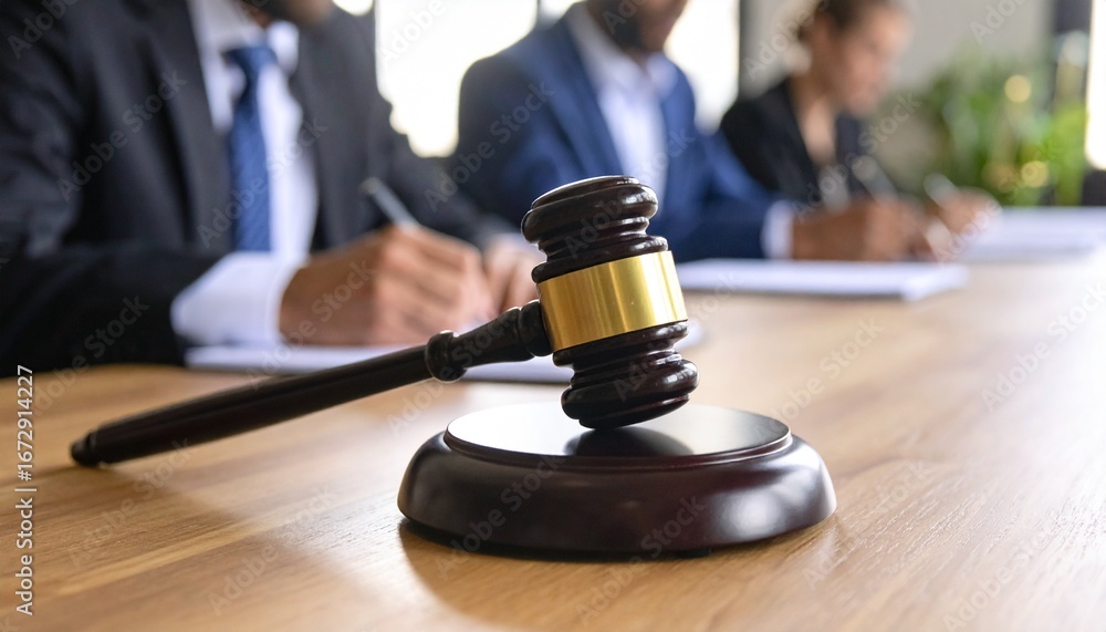 Close-up of a wooden judge's hammer resting on a court desk, with a writing lawyer in the blurry background Close-up of a wooden judge's hammer resting on a court desk, with a writing lawyer in the blurry background