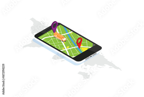Online delivery tracking concept isometric icon. Vector illustration. Smart post technology on digital tablet or mobile phone. Track checker application.