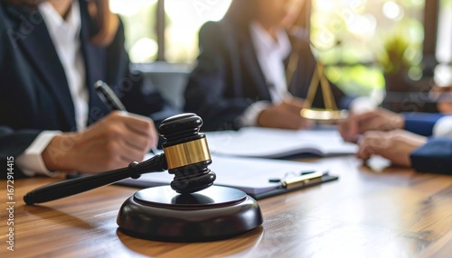 Wallpaper Mural Close-up of a wooden judge's hammer resting on a court desk, with a writing lawyer in the blurry background Torontodigital.ca