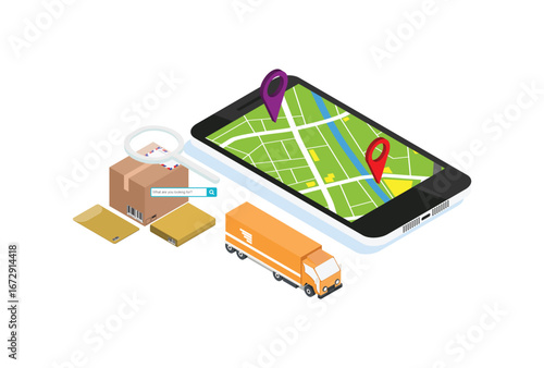 Online delivery tracking concept isometric icon. Vector illustration. Smart post technology on digital tablet or mobile phone. Track checker application.