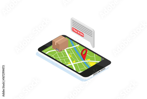 Online delivery tracking concept isometric icon. Vector illustration. Smart post technology on digital tablet or mobile phone. Track checker application.