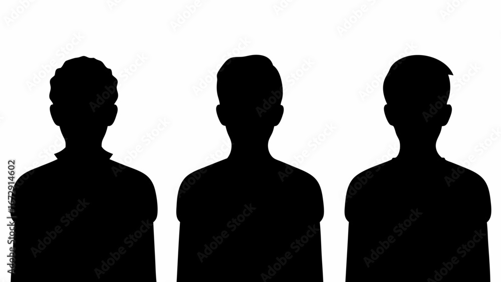 Fototapeta premium Silhouette depiction of three individuals standing side by side against a white background in black color