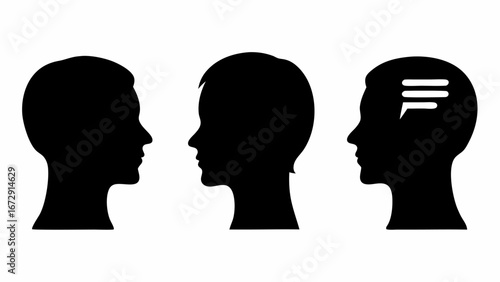Three silhouette heads facing left and right with one head containing a speech bubble icon inside head