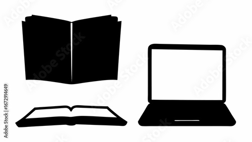 Illustration of two books one open and one closed next to a laptop on a white background study time concept silhouette