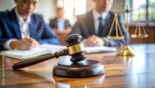 Wallpaper Mural Close-up of a wooden judge's hammer resting on a court desk, with a writing lawyer in the blurry background Torontodigital.ca