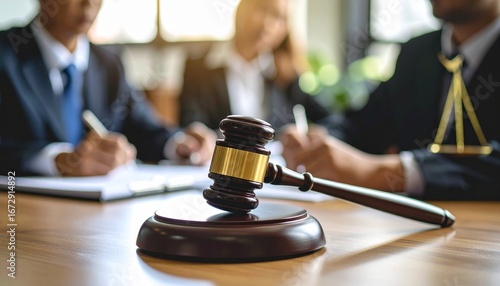 Wallpaper Mural Close-up of a wooden judge's hammer resting on a court desk, with a writing lawyer in the blurry background Torontodigital.ca