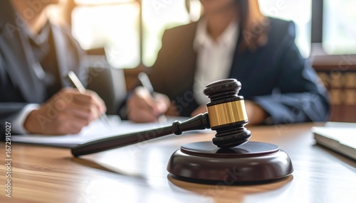 Wallpaper Mural Close-up of a wooden judge's hammer resting on a court desk, with a writing lawyer in the blurry background Torontodigital.ca