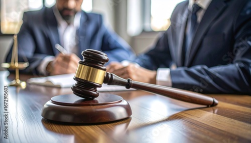 Wallpaper Mural Close-up of a wooden judge's hammer resting on a court desk, with a writing lawyer in the blurry background Torontodigital.ca