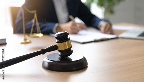 Wallpaper Mural Close-up of a wooden judge's hammer resting on a court desk, with a writing lawyer in the blurry background Torontodigital.ca