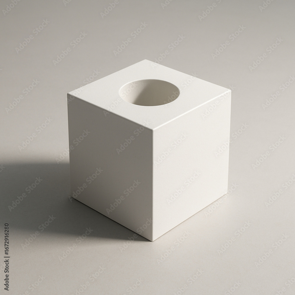 Fototapeta premium Minimalist White Cube with Round Hole Displayed on Neutral Background Ideal for Modern Interior Design and Artistic Projects