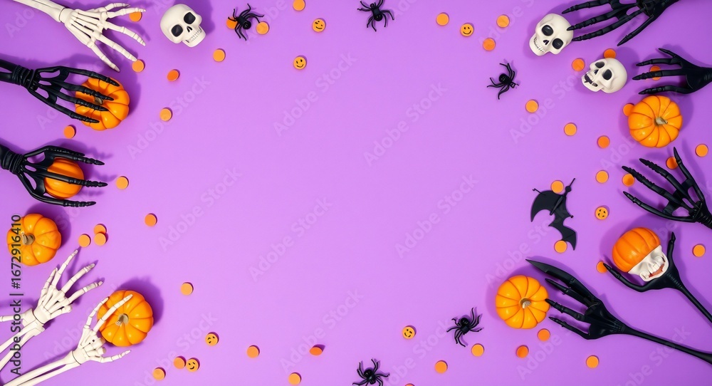 Fototapeta premium Halloween decorations with skeletons pumpkins spiders and bats on purple background