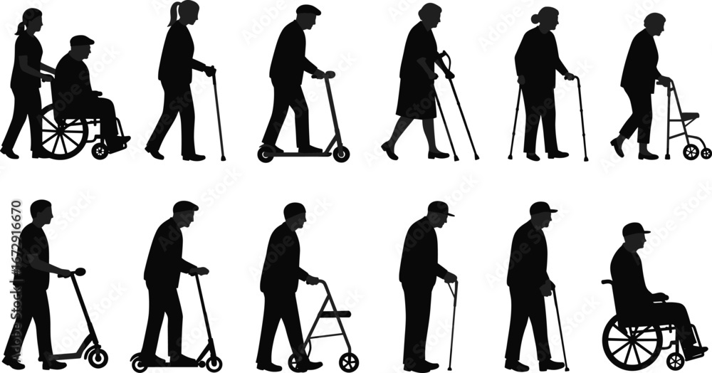 Obraz premium Silhouette of elderly people using wheelchair, cane, scooter, walker, mobility support, disabled person, senior healthcare assistance, aging disability illustration vector