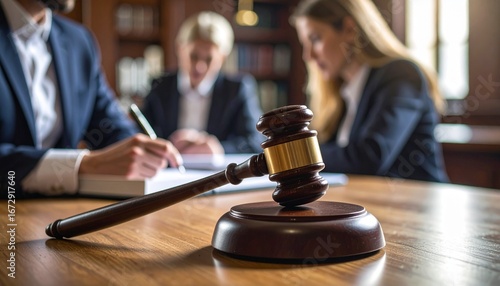 Wallpaper Mural Close-up of a wooden judge's hammer resting on a court desk, with a writing lawyer in the blurry background Torontodigital.ca