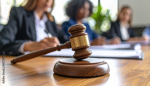 Close-up of a wooden judge's hammer resting on a court desk, with a writing lawyer in the blurry background