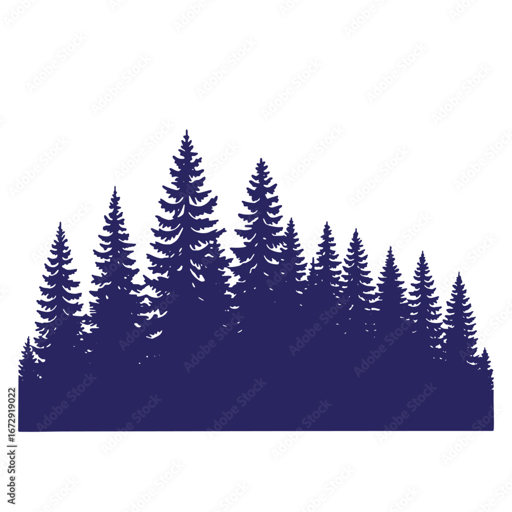 Obraz premium Silhouette of a dense forest of pine trees in dark blue on a white background