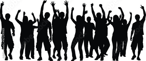 Silhouette of happy people dancing, party crowd celebration, raised hands, group of friends enjoying music, nightlife, fun event vector illustration