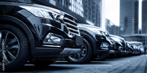 Rental car concept with transportation and fleet. Row of shiny parked cars along a city street in sleek monochrome style