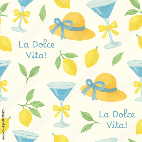 Seamless pattern of La Dolce Vita Hand-drawn Mediterranean food and drink. Summer drinks and lemon. Vector design for textile, wallpaper, wrapping.