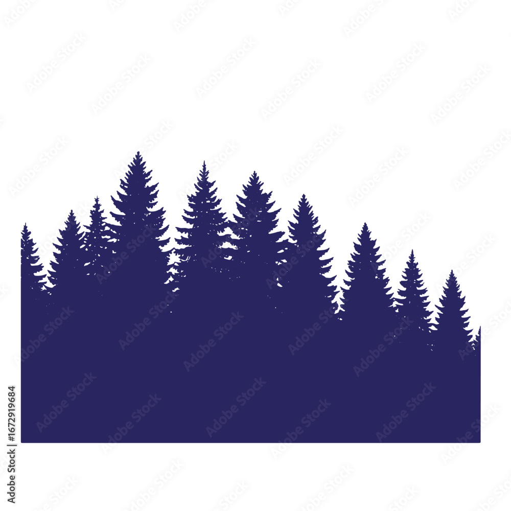 Obraz premium Silhouette of dark blue forest trees against a white background for design projects