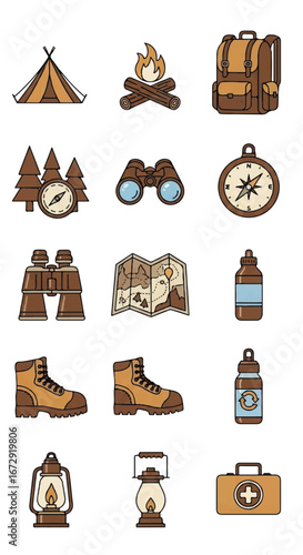 A colorful illustrated set of camping, hiking, and outdoor adventure icons in a simple cartoon style.