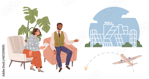 Couple discussing travel plans, seated with destination mall shown in background map. Airplane flying with travel route marker. Ideal for planning, travel, vacation, tourism, lifestyle, teamwork